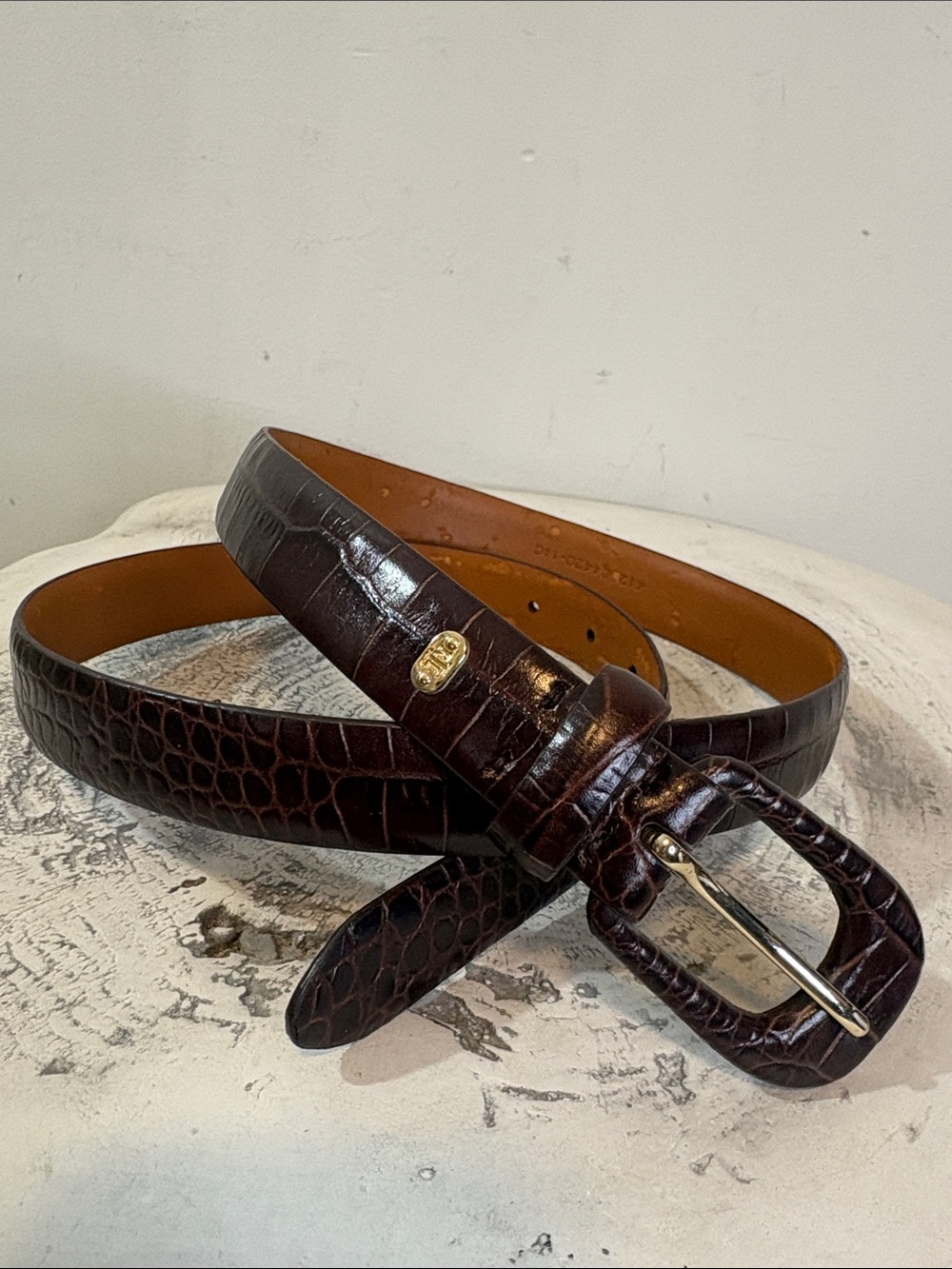 Lauren Ralph Lauren LRL Italian Leather Croc Embossed Brown Gold Buckle Belt L